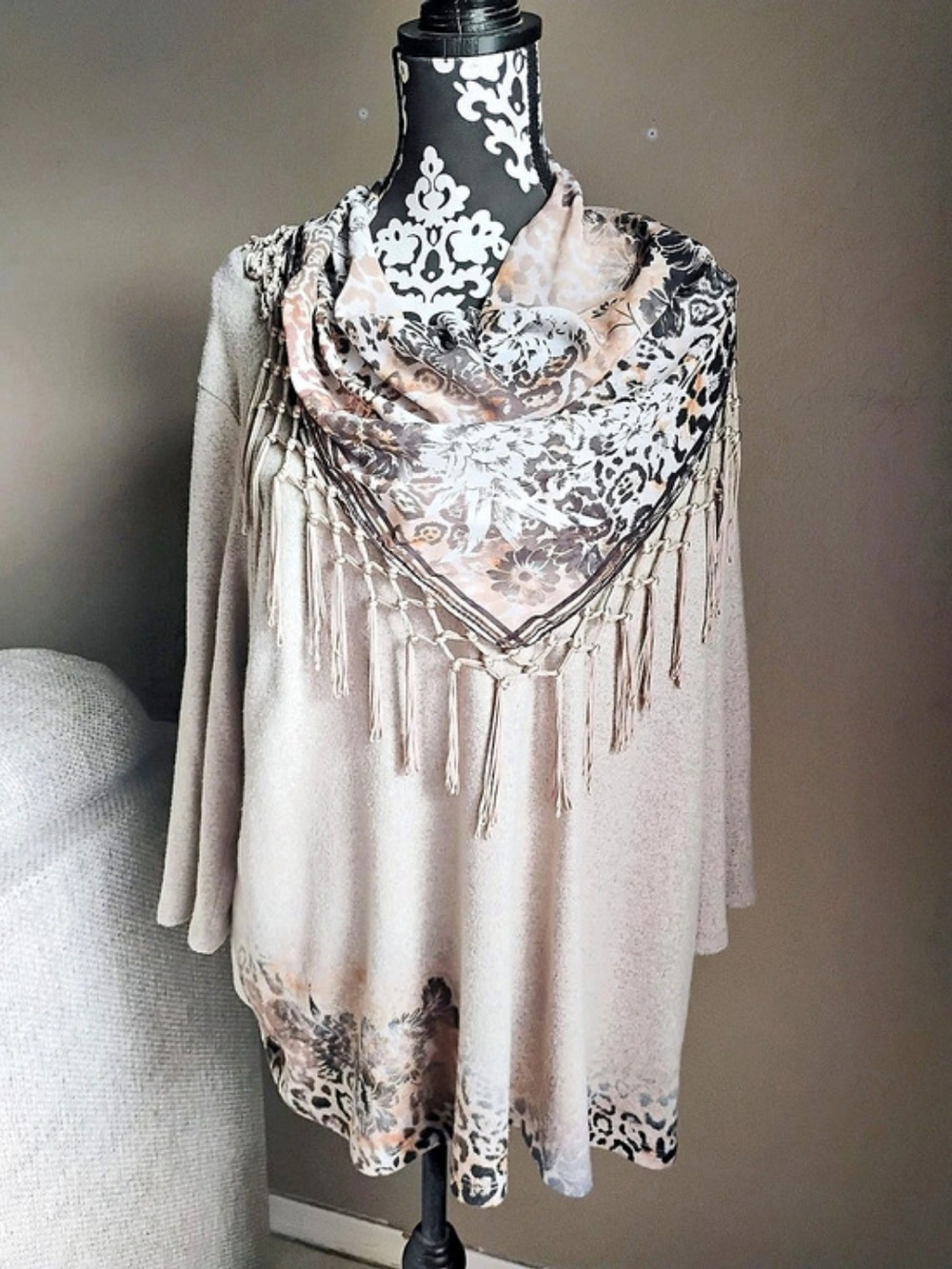 Cactus + Pearl Animal Print Fringe Tunic XXL Beige Brown